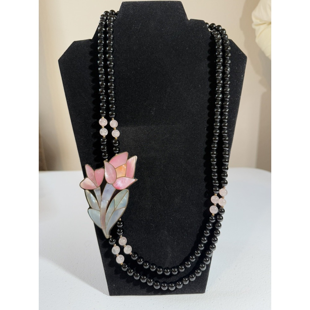 Lee Sands Inlay Mother of Pearl Flower Necklace Accent Bead Barrel Clasp 1980's - Picture 3 of 6